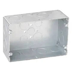 Steel multigang rectangular electrical box for housing and protecting electrical connections, splices, and devices. Designed for 2-gang configurations, accommodating multiple switches or outlets in a single enclosure. Suitable for surface or flush mounting in branch circuit applications.