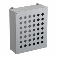 This NEMA 12 carbon steel enclosure provides indoor protection against dust and water droplets. It features 42 holes for mounting 30mm push buttons and pilot devices, suitable for industrial control panels and operator stations.