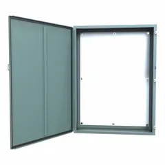 This HAMMOND steel enclosure is rated NEMA 12/13 for protection against dust, dirt, and dripping non-corrosive liquids. It measures 48 x 36 x 12 inches and features a solid hinged cover, a panel, and clamp closure. Knockouts are not included. Typical applications include housing electrical controls and instruments in industrial environments.