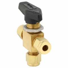 This Parker three-way ball valve features a brass body with L flow pattern and compression connections on all ports. It is operated by a lever handle and is suited for diverting or mixing flow in pneumatic, hydraulic, and instrumentation systems.