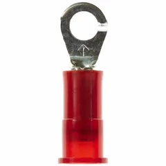 Nylon-insulated ring terminal for #6 studs, rated 1000 V. Accepts 22 to 18 AWG wire. Used to create secure, vibration-resistant connections in control panels, machinery, and power distribution.