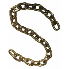 Grade-70 load-securing chain made from alloy steel with a gold chromate finish. Straight configuration in 1/2 in trade size. Used for tie-down and cargo restraint in heavy transport and industrial rigging applications.