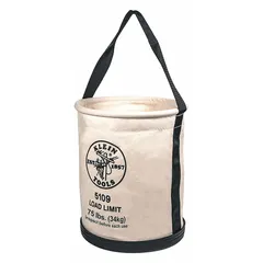 Canvas bucket bag with open top and high-density polyethylene top ring for shape retention. Off-white color. No pockets. Suitable for carrying tools and equipment in industrial environments.