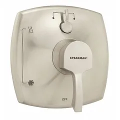 This shower valve trim kit is designed for use with CPV-P-DV Speakman shower valves. It includes a square plastic trim plate with a nickel finish and a zinc handle. Suitable for completing the installation of compatible shower valves in residential or commercial settings.