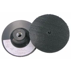 This 3M backing pad provides a rigid, hard-density support for hook-and-loop abrasive discs in surface conditioning tasks. With a 4-inch diameter and 1/8-inch thickness, it features an internal-thread design for mounting on compatible tools. Suitable for deburring, blending, and polishing applications in metalworking and woodworking.