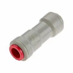 Inline ball check valve with acetal body and push x push connections. NSF 51 certified for beer media, FDA compliant, and rated for silent check operation. Designed for vertical mounting in beverage dispensing lines to prevent backflow.