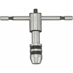 This ratcheting sliding T-handle tap wrench is designed for manual threading operations. It accommodates taps from 7/32" to 1/2" for cutting internal threads in drilled holes. Suitable for maintenance, repair, and fabrication tasks in metalworking and assembly applications.