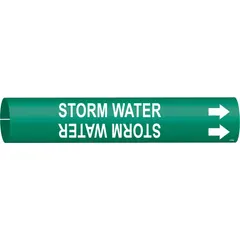 Green snap-on pipe marker with white legend 'Storm Water' and directional arrows. Fits pipe outer diameters from 1-1/2 to 2-3/8 inches. Used to identify storm water piping in facility systems.