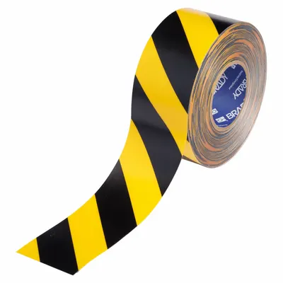 BRADY Floor Marking Tape: Striped, Black/Yellow, 3 in x 100 ft, 22 mil Tape Thick - Extra-Durable Floor Marking Tape