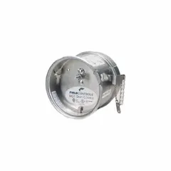 Double-acting barometric draft control damper for natural gas venting systems. Press-fit connection fits 6 to 7 inch duct diameters. Overall length 9 5/8 inches. Regulates draft to maintain consistent negative pressure for safe combustion.