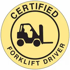 Non-reflective circle label, 2 in diameter, printed in English. Pack of 4. Applied to hard hats to identify certified forklift drivers in industrial environments.