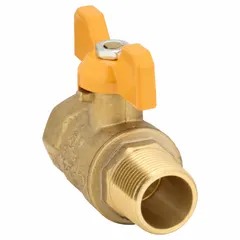 Brass ball valve with 3/4 in straight body, full port ball port, and tee handle. Features male NPT x female NPT connections for on/off flow control in water, oil, and gas lines. Full port design minimizes pressure drop, suitable for plumbing, HVAC, and process systems.