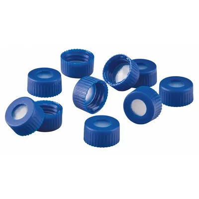 CHEMGLASS Closure: 9 mm Dia, Blue, PTFE, Autoclavable, Septa Included, Narrow Mouth Size - Snap On Bottle Caps