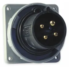 Watertight pin and sleeve inlet rated 600V AC, 100 A, three-phase, 3-pole, 4-wire with IEC grounding. Black housing provides weather-resistant connection for industrial power distribution in manufacturing, data centers, and outdoor installations.