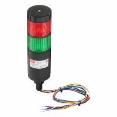 This two-tier tower light assembly provides visual status indication for industrial machinery and process lines. It features a green/red configuration with a red light tier, operating at 24V AC/DC. Overall height is 7 3/4 inches. No sounder tier is included.