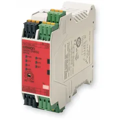 DIN-rail mounted safety relay for monitoring safety circuits and initiating machine shutdown upon fault detection. Operates at 24V DC and 50/60 Hz with an adjustable response time of 0.05 sec. Body height is 4.41 in. Suitable for use in industrial control systems requiring compact safety relay solutions.