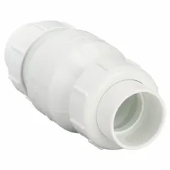 PVC inline swing check valve with socket x socket connections for 2 in pipe size. Designed for waste water applications to prevent backflow in piping systems. Suitable for use in industrial plumbing, irrigation, and drainage where one-way flow control is required.