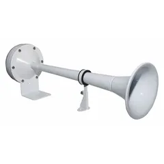 Electric-powered horn producing a high tone, suitable for use on boats. Features a painted white finish and includes rubber gaskets for installation. Operates on 12V DC.