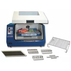 Incubating shaker with speed range from 0 to 35 RPM. Includes a clip plate for securing vessels. Standard plug style. Used for gentle mixing and incubation of samples in laboratory applications such as cell culture, hybridization, and enzymatic reactions.