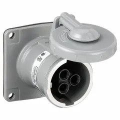 Watertight pin and sleeve receptacle rated for 250V DC/600V AC, three-phase, 60 A, with 3 poles and 4 wires. Suitable for industrial environments requiring a weather-resistant power connection.