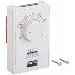 Analog thermostat for heat-only applications. Single-stage on-off control with exposed dial. DPST switch opens on temperature rise. Operates on 120 to 277V AC. Temperature range 50° to 90°F. Suitable for controlling electric heaters or baseboard heaters in commercial or industrial spaces.