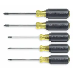 This 5-piece screwdriver set features Torx tip drivers with T20 size tips. Each driver has a 9-inch overall length. Suitable for driving Torx fasteners in panel work, equipment assembly, and general maintenance tasks.