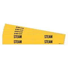 Yellow adhesive pipe markers with black 'Steam' legend, designed for pipe outer diameters from 3/4 to 2-3/8 inches. Each pack contains 4 markers without arrows, sold in a 5-pack. Used to identify steam pipes in industrial facilities for safety and maintenance.