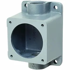 Aluminum back box rated for 60 A with a 1.5 in feed through hub straight configuration. Used to enclose and protect wiring connections in high-amperage electrical installations.