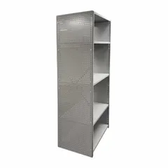 Steel pegboard panel with a powder-coated gray finish. Features 1/4 in round peg holes for hanging hooks and accessories. Measures 42 in x 24 in x 24 in. Suitable for organizing tools and equipment in workshops and storage areas.