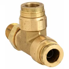This brass tee fitting connects a 3/8 in male NPT pipe to two 1/4 in OD tubes using push-to-connect technology. Designed for compressed air systems, it provides a leak-free connection in pneumatic brake and industrial air line applications.