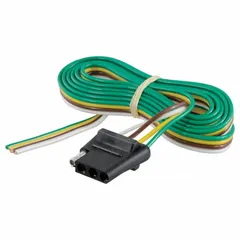 This 4-way flat connector links a tow vehicle's electrical system to a trailer's lights, including turn signals, brake lights, and tail lights. It features a rubber housing and 16-gauge wire, suitable for both trailer and tow vehicle applications. Commonly used on utility trailers, boat trailers, and small RVs.