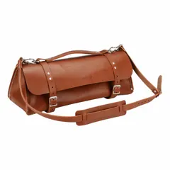 This brown leather tool bag features a wide-mouth opening and a simple open interior with no pockets or inside pockets. The 20 by 20 by 8 inch size provides ample space for carrying and storing tools in bulk. Suitable for electricians, technicians, and maintenance professionals who require a pocket-free bag for tool transport.