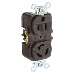 This combination device integrates a 5-15R straight-blade receptacle and an L5-15R locking-blade receptacle in a single unit. Rated 125V AC and 15 A, it is suited for applications requiring both standard and locking connections in industrial power distribution.