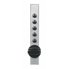 Mechanical keypad cabinet and locker lock with spring latch mechanism. Body dimensions: 5 1/4 in height, 7/8 in width, 3/4 in depth. Satin chrome finish. Suitable for securing cabinets, lockers, and storage enclosures in industrial, commercial, and institutional settings.