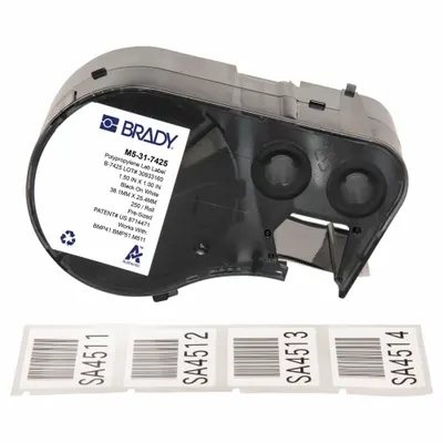 BRADY Combined Label and Ribbon Cartridge: Rectangle, 1 in x 1 1/2 in, Black on White - Brady Thermal Transfer Precut Label Roll Cartridges