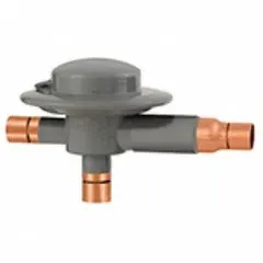 Fixed-adjustment open on outlet rise valve for R-22 refrigerant systems. Features 5/8 inch female sweat connections on both condenser and receiver ports. Maintains minimum discharge pressure during low ambient temperatures to ensure proper refrigerant flow.