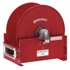 This dual-pedestal gas spring-return hose reel is constructed of red aluminum and rated for a maximum operating pressure of 600 psi. It accommodates 50 ft of 1-1/2 in I.D. hose. Typical applications include air, water, and light oil handling in industrial settings such as manufacturing plants, maintenance facilities, and vehicle service bays.