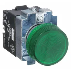 Green LED pilot light for 22 mm panel-mounting holes. Rated for 120 V AC supply voltage. Provides visual status indication on industrial control panels and automation systems.