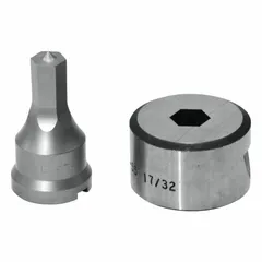 This punching die set produces an 11/16 in hex-shaped hole. It is compatible with ironworker sizes of 55 ton, 65 ton, 100 ton, and 120 ton. Used in metalworking for creating hexagonal perforations in structural steel and other materials.