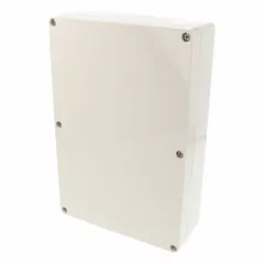 This HAMMOND enclosure is constructed of ABS fiberglass and measures 9 inches by 6 inches by 2 inches. It features a solid cover secured with screws and is rated NEMA 12/13/4/4X/6/6P, providing protection against dust, water, corrosion, and temporary submersion. Suitable for protecting electrical controls, instruments, and terminals in wet or corrosive environments.