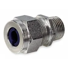 Straight metallic cable grip with steel body and silver finish. 3/8 in MNPT box connection, cord diameter range 0.25 to 0.31 in. IP66 rated for wet locations, Class I Division 2 for hazardous environments. Overall length 1 1/4 in, black color-coded grommet.