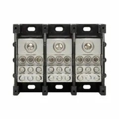 Open-style power distribution block with aluminum construction and lug-type terminals. Accepts line side wire sizes from 6 AWG to 350 kcmil. Designed for surface mounting in industrial control panels, switchgear, and machinery to distribute power from a single incoming line to multiple branch circuits.