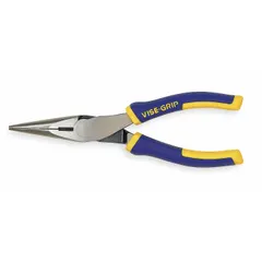 These 6-inch needle-nose pliers feature a serrated jaw with a 1 3/4-inch jaw length and a 1/8-inch tip width, designed for gripping and bending wire in confined spaces. The integrated cutter allows for cutting wire during electrical, mechanical, and assembly tasks.