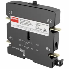 This side-mounted auxiliary contact provides two normally closed (2NC) poles for monitoring or controlling additional circuits in industrial motor starters and contactors. Rated for a maximum AC current of 10 A, it is suitable for status feedback, interlocking, and control applications in automation, HVAC, and material handling systems.