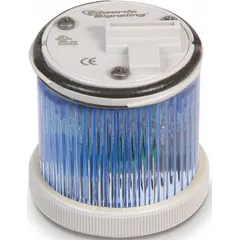 Blue-lens multimode light module for visual indication in industrial control panels and machinery. Operates on 24V DC with flashing and steady modes. 48 mm overall diameter. Compatible with 200 Class series tower light systems.