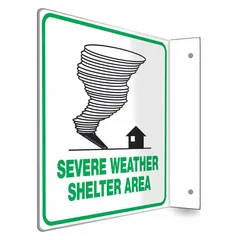 This 8 in x 8 in PETG sign features an L-Shape Projection design for identifying severe weather shelter areas. It has mounting holes for installation and is not retroreflective, with no glow-in-the-dark capability. Suitable for use in industrial facilities to mark designated shelter locations.