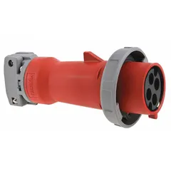 This HUBBELL reverse service watertight plug is rated 30 A, 250 V DC / 600 V AC, three-phase, with 3 poles and 4 wires. It features IEC grounding and a red housing for voltage/phase identification. Suitable for industrial power distribution in environments requiring a weather-resistant connection.
