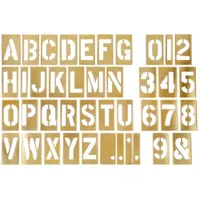 This brass interlocking stencil set includes characters A to Z with a 4 in height and 3 3/4 in width. Designed for horizontal orientation, it provides reusable marking for industrial equipment, crates, pallets, and signage
