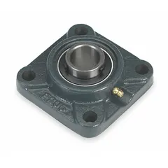 This flange-mount ball bearing features a cast iron housing with a 1 in cylindrical bore and set screw shaft mounting. It is lubricated with Chevron SRI 2 and has a 3/8 in mounting bolt size. Suitable for supporting rotating shafts in industrial machinery such as conveyors, fans, and pumps.