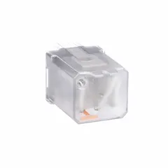 Surface-mounted relay with side flange mounting for industrial control panels and automation systems. Features 3PDT configuration, 11 pins/terminals, and 1/4 in tab terminal electrical connection. Operates on 12V DC.